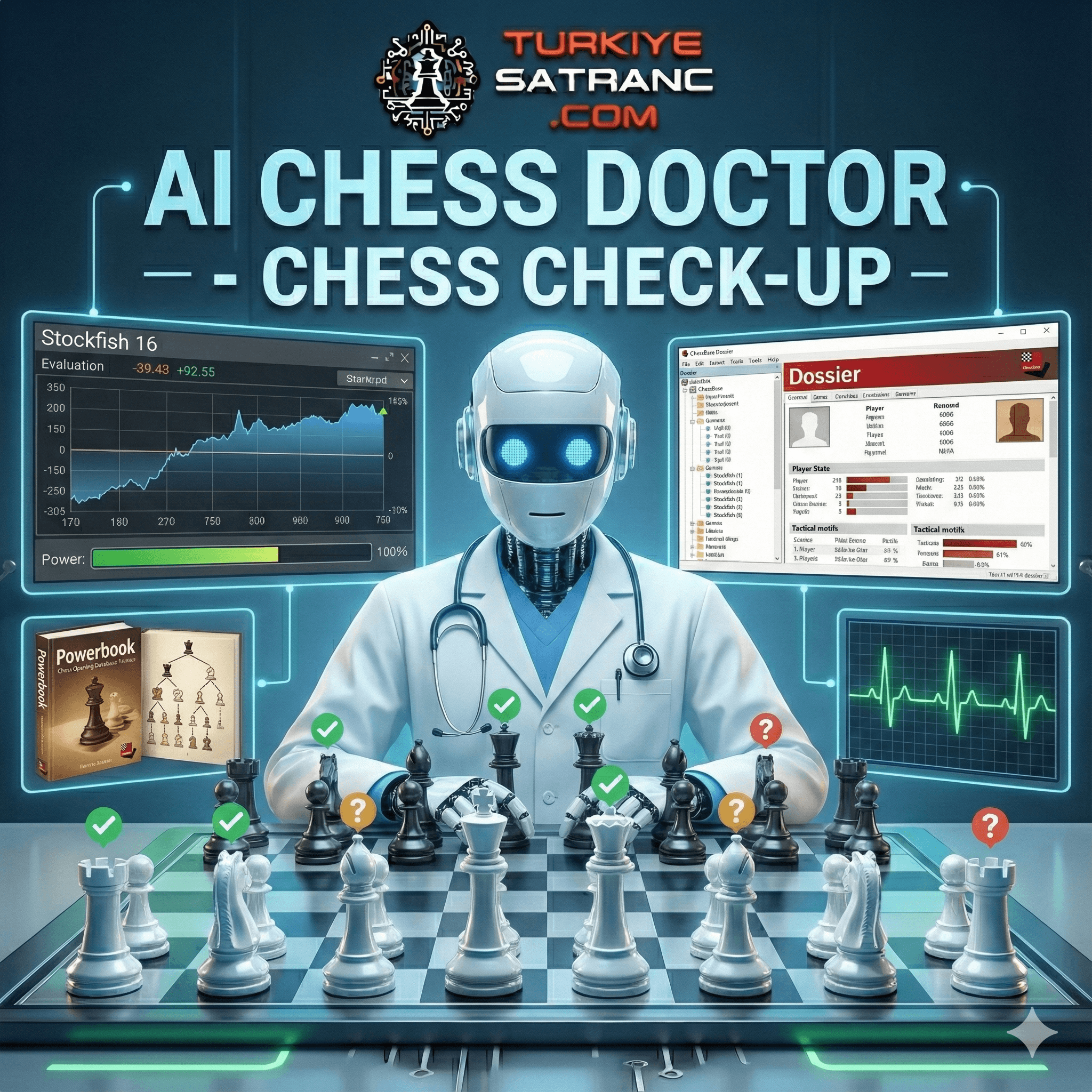 Satranç analizi yapan doktor robot, Stockfish grafikleri, oyuncu dosyası ve tahta üzerindeki hamle değerlendirmeleri ile AI Chess Doctor Chess Check-Up görseli.